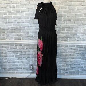 Taylor Black Floral Pleated Halter Midi Chiffon Dress Elegant Party NEW 10 Prom